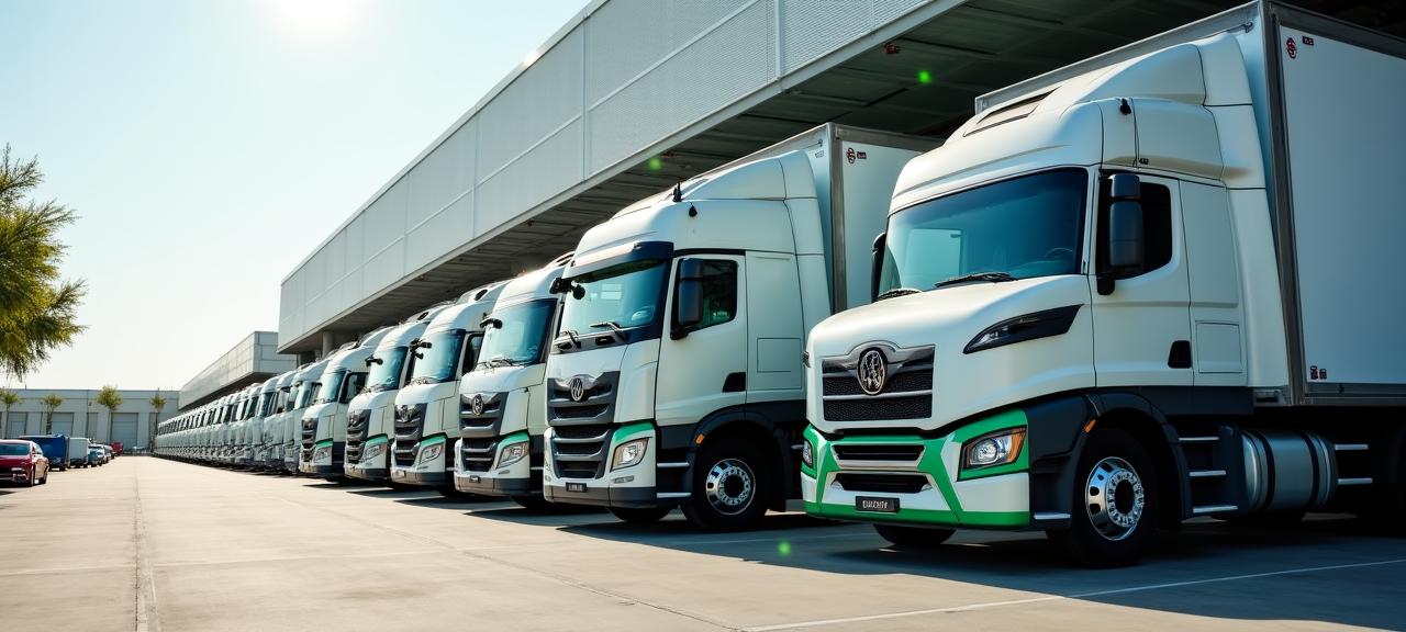 Panoramic view of a modern logistics fleet with various heavy-duty trucks